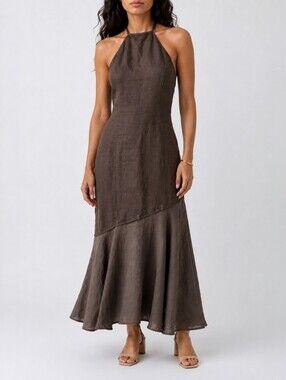 Stephanie Brown Linen Halter Maxi Dress Brown Backless Flared Fishtail UK 10